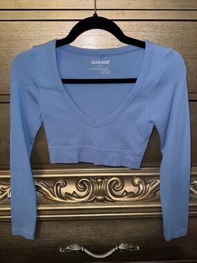 Garage Sky Blue Ribbed V-Neck Long Sleeve Crop Top